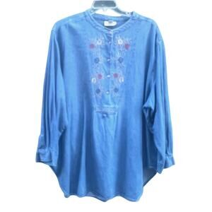 Denim Tunic Top Womens 32W Cottagecore Long Top Embroidered Floral Casual